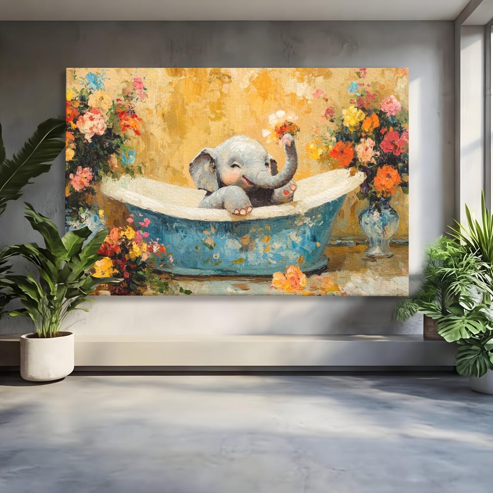 Tablou canvas cu tablou canvas cu pui de elefant in cada, fara rama, pe sasiu de lemn